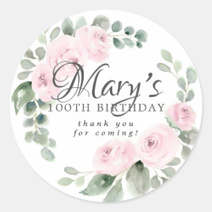 Eucalyptus Pink Floral 100th Birthday Thank You Classic Round Sticker