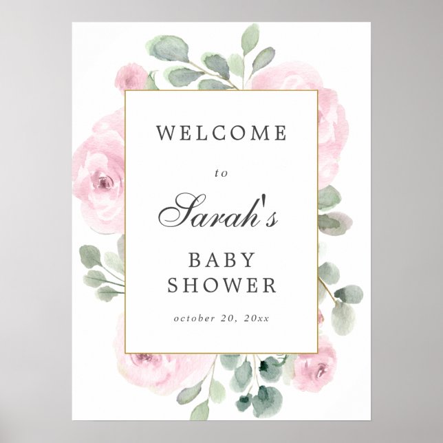 Eucalyptus Pink Floral Baby Shower Welcome Sign (Front)
