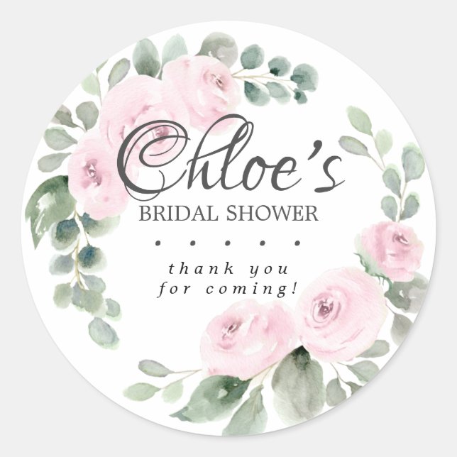 Eucalyptus Pink Floral Bridal Shower Thank You Classic Round Sticker (Front)