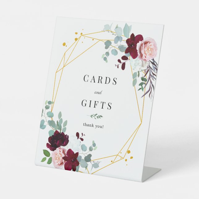 Eucalyptus Pink Floral Burgundy Cards and Gifts  Pedestal Sign (Front)