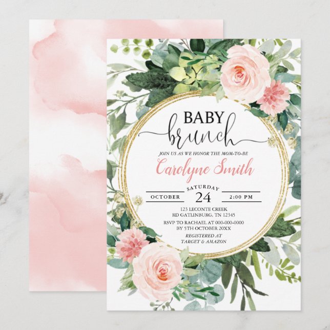 Eucalyptus Pink Gold Brunch Baby Shower Girl Invitation (Front/Back)