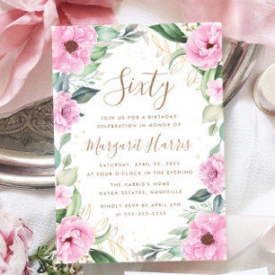 Eucalyptus Pink Gold Floral 60th Sixty Birthday Invitation