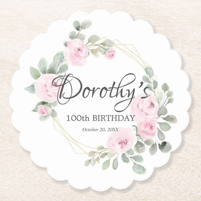 Eucalyptus Pink Rose Floral 100th Birthday Party Paper Coaster (Front)