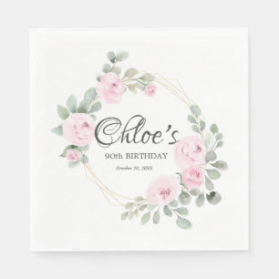 Eucalyptus Pink Rose Floral 90th Birthday Party Napkin