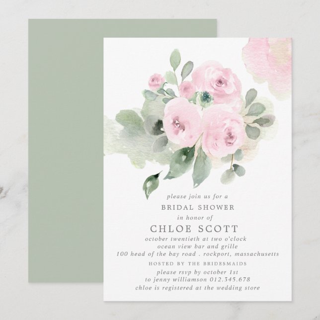 Eucalyptus Pink Rose Floral Bridal Shower Invitation (Front/Back)