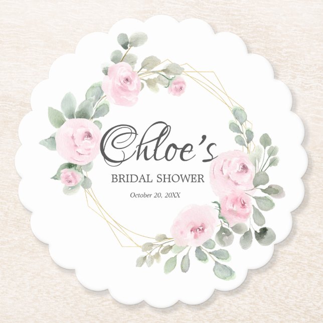 Eucalyptus Pink Rose Floral Bridal Shower Paper Coaster (Front)