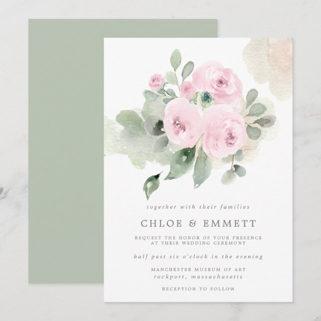 Eucalyptus Pink Rose Floral Wedding Invitation (Front/Back)