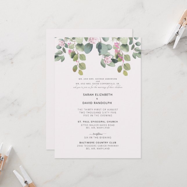 Eucalyptus & Pink Rose Two Venue Both Parents Invitation (Front/Back In Situ)