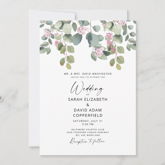 Eucalyptus & Pink Rose Wedding Invitation (Front)