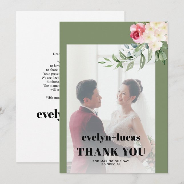 Eucalyptus pink rose white flowers photo wedding thank you card (Front/Back)