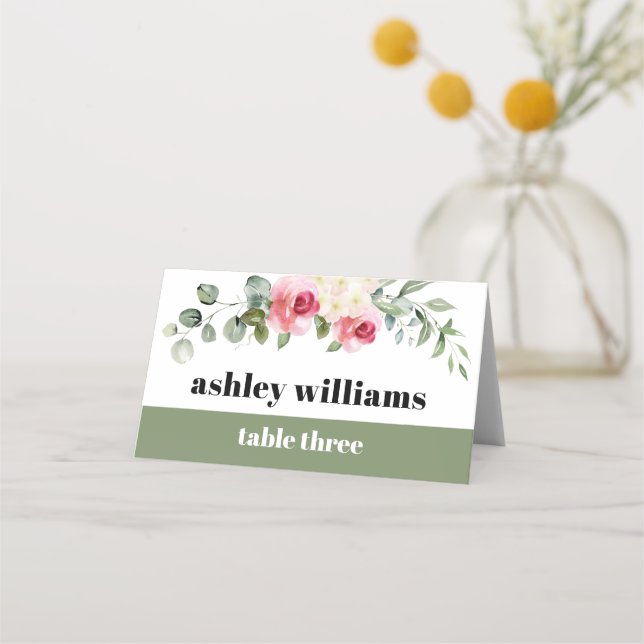 Eucalyptus pink rose white flowers wedding place card (Front)