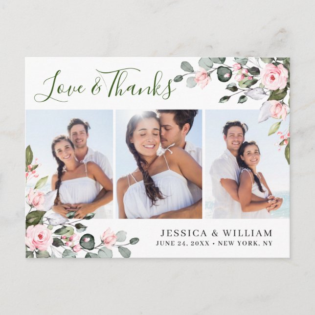 Eucalyptus Pink Roses Wedding 3 Photo Thank You Postcard (Front)