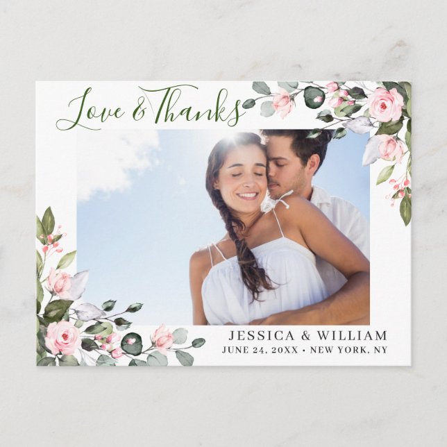 Eucalyptus Pink Roses Wedding Photo Thank You Postcard (Front)