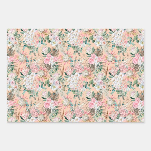 Eucalyptus Pink White Floral Boho Bridal Birthday  Wrapping Paper Sheet (Front)