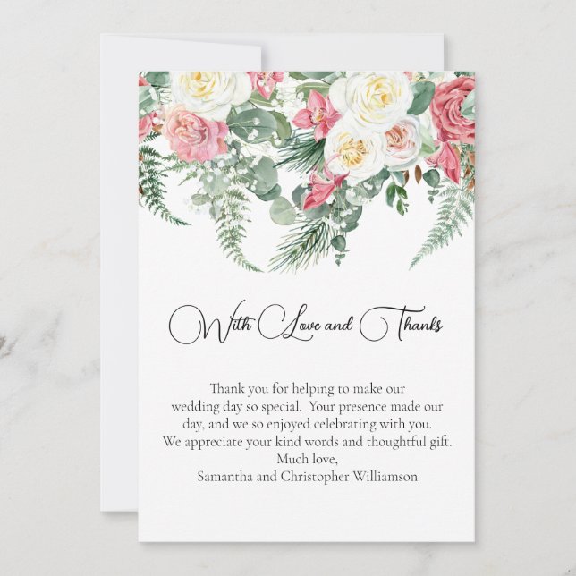 Eucalyptus Pink White Roses Floral Wedding  Thank You Card (Front)