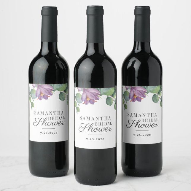 Eucalyptus Purple Green Floral Bridal Shower Wine Label (Bottles)