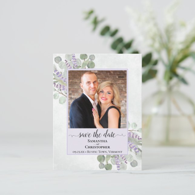 Eucalyptus Purple Wedding Save the Date Photo Announcement Postcard (Standing Front)