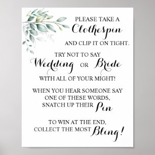 Eucalyptus Put a Clothespin BridalShower Game Sign