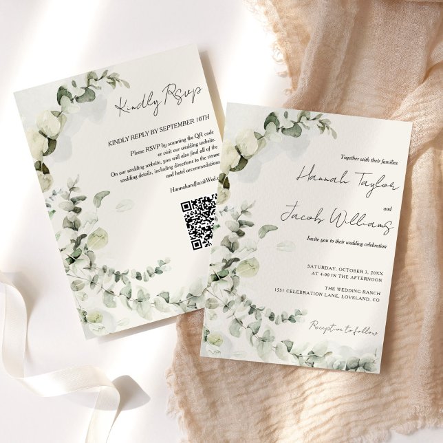 Eucalyptus QR Code Beige Wedding Invitation (beige qr code rsvp wedding invitation)