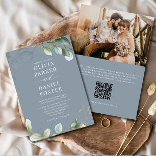 Eucalyptus QR Code Dusty Blue Photo Wedding Invitation