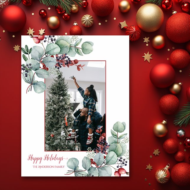 Eucalyptus, Red Berries, 2 Photo Christmas Postcard (Creator Uploaded)