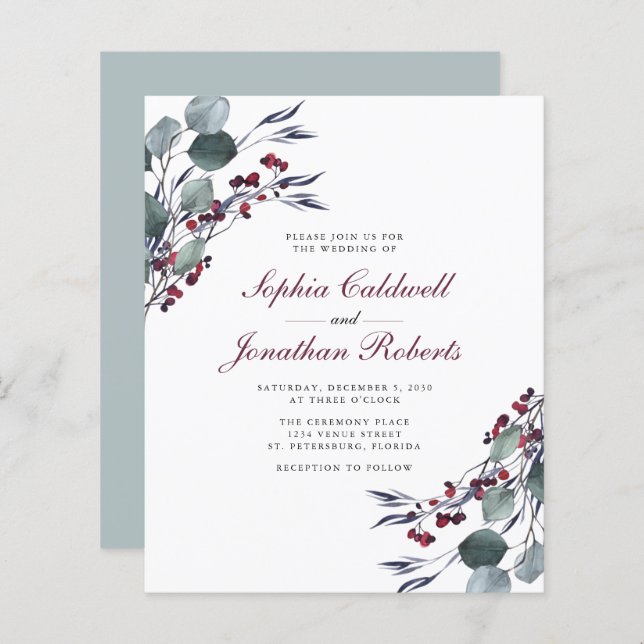 Eucalyptus Red Berries QR Code RSVP Wedding Invite (Front/Back)