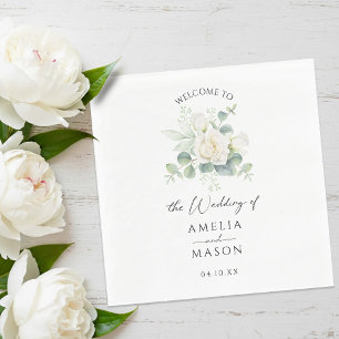 Eucalyptus Rose Floral White Paper Wedding Napkin