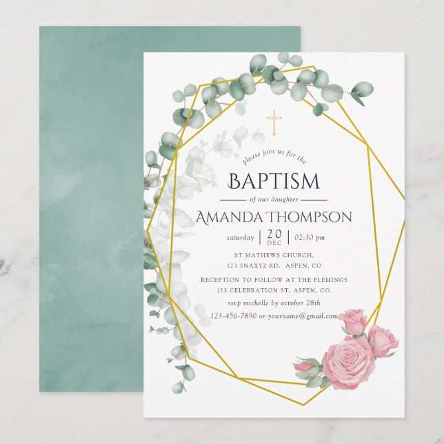 Eucalyptus Rose Geometric Baptism or Christening Invitation (Front/Back)