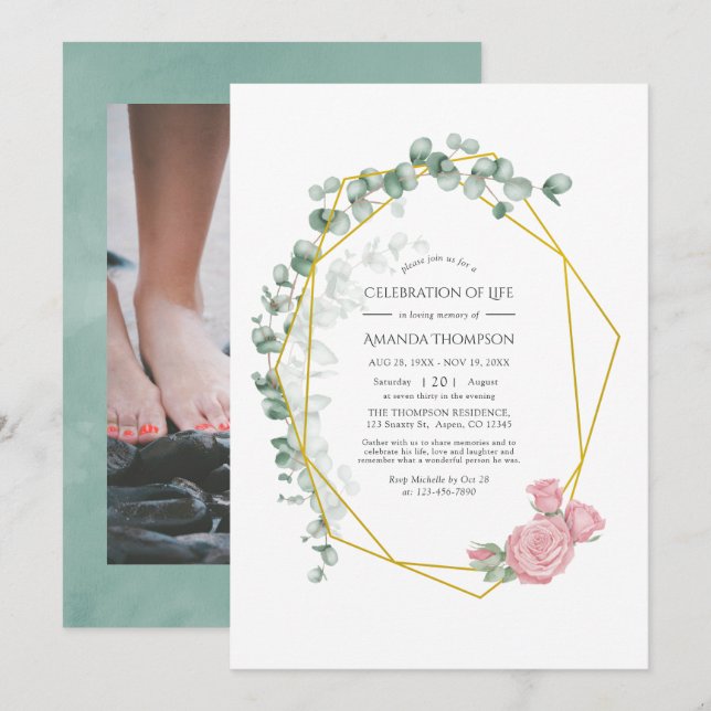 Eucalyptus Rose Geometric Celebration of Life Invitation (Front/Back)