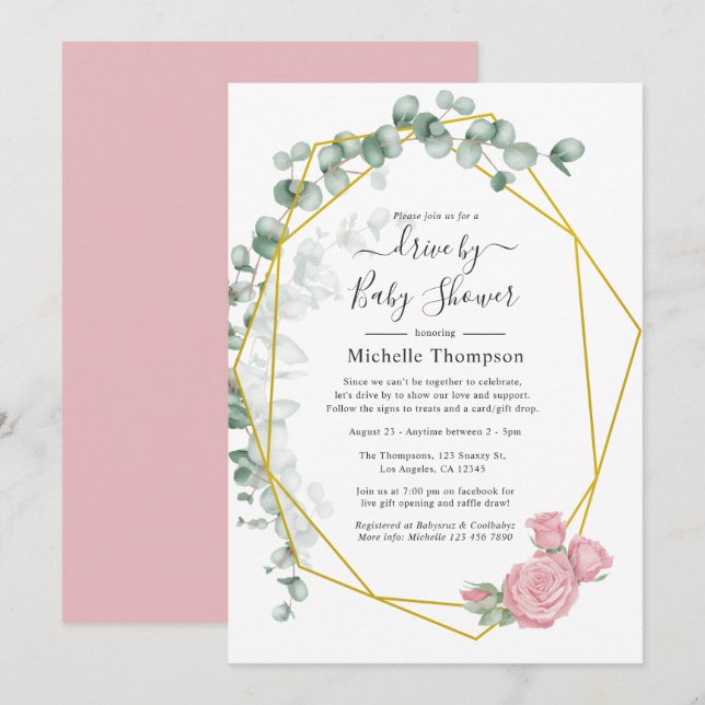 Eucalyptus Rose Geometric Drive By Shower Invitation (Front/Back)