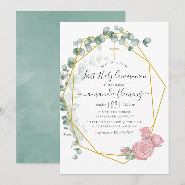 Eucalyptus Rose Geometric Holy Communion Invitation (Front/Back)