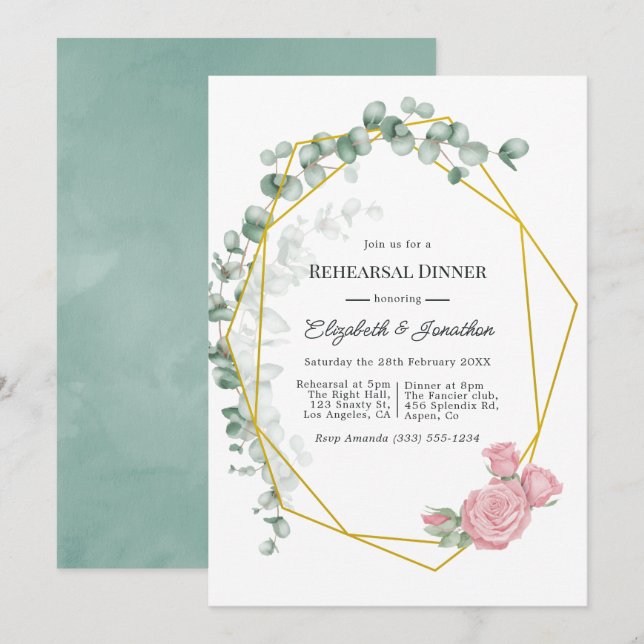 Eucalyptus Rose Geometric Rehearsal Dinner Invitation (Front/Back)