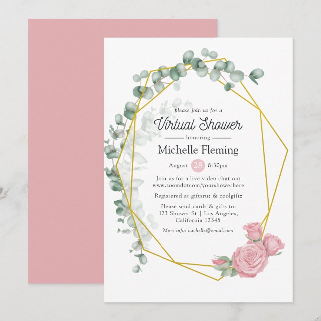 Eucalyptus Rose Geometric Virtual Shower Invitation (Front/Back)