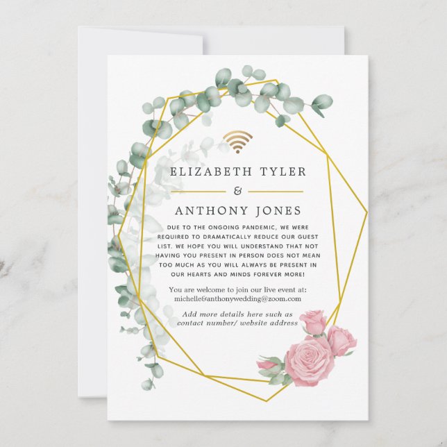 Eucalyptus Rose Geometric Virtual Wedding Guests Announcement (Front)