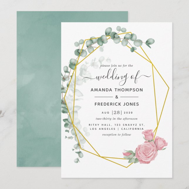 Eucalyptus Rose Geometric Wedding Invitation (Front/Back)