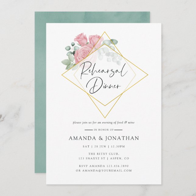 Eucalyptus Rose Geometric Wedding Rehearsal Dinner Invitation (Front/Back)