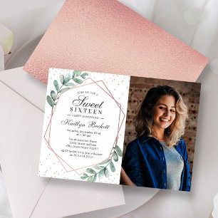 Eucalyptus Rose Gold Geometric Sweet Sixteen Photo Invitation