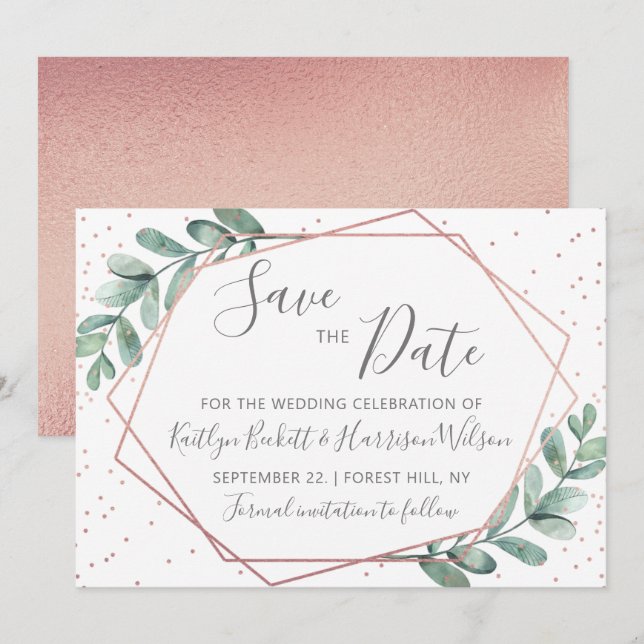 Eucalyptus Rose Gold Geometric Wedding Save The Date (Front/Back)