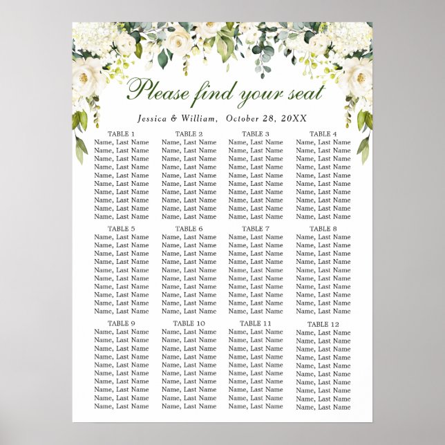 Eucalyptus & Roses 12 Tables Wedding SEATING CHART (Front)
