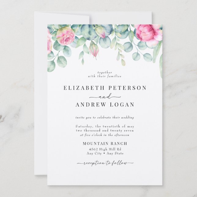 Eucalyptus Roses | Elegant Boho Greenery Wedding Invitation (Front)