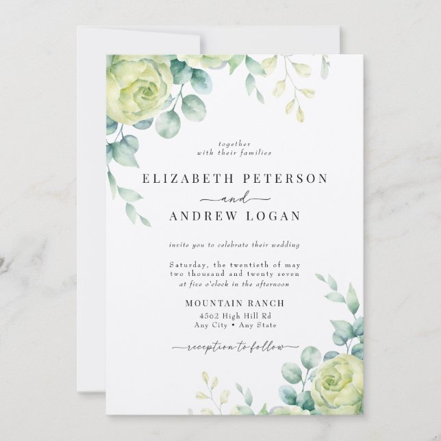 Eucalyptus Roses | Elegant Boho Greenery Wedding Invitation (Front)