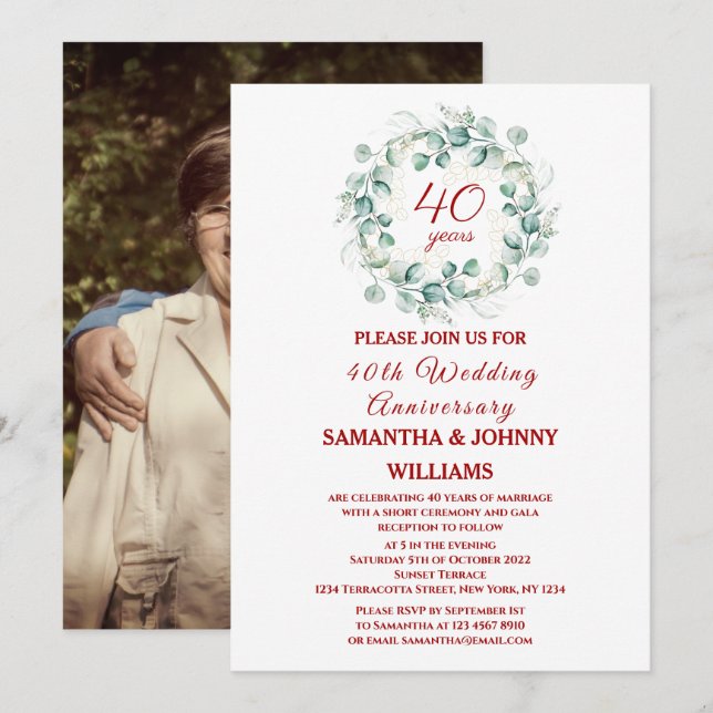 Eucalyptus Ruby 40th Wedding Anniversary Photo Invitation (Front/Back)