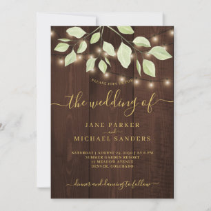 Eucalyptus rustic country wood lights wedding invitation