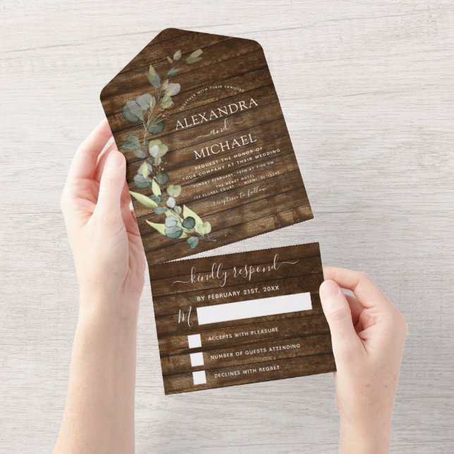 Eucalyptus Rustic Country Wood Wedding RSVP All In One Invitation (Tearaway)