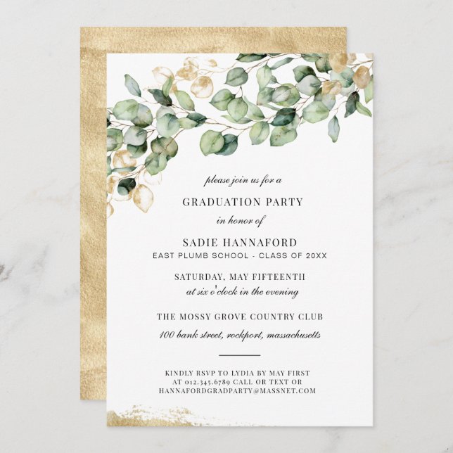 Eucalyptus Rustic Gold Botanical Graduation Invitation (Front/Back)