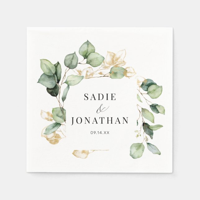 Eucalyptus Rustic Gold Botanical Wedding Napkin (Front)