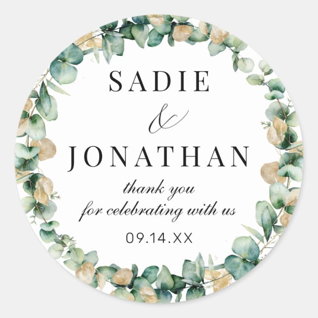 Eucalyptus Rustic Gold Botanical Wedding Sticker (Front)