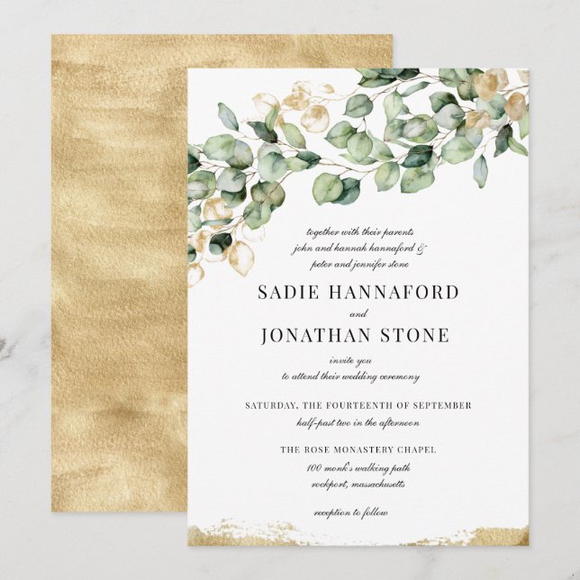 Eucalyptus Rustic Gold Elegant Botanical Wedding Invitation (Front/Back)