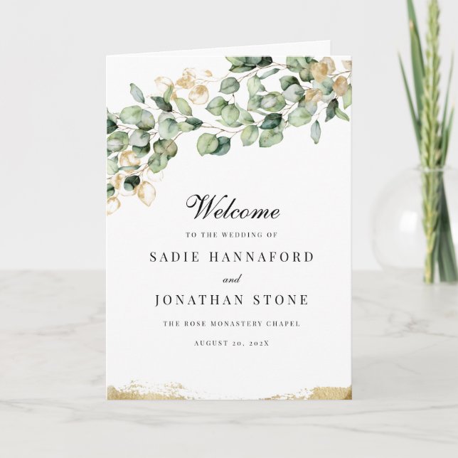 Eucalyptus Rustic Gold Elegant Botanical Wedding Programme (Front)