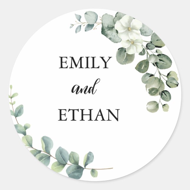 Eucalyptus Rustic Greenery Wedding Classic Round Sticker (Front)